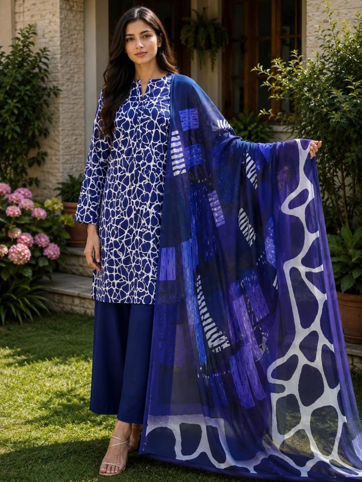 Lawn 2026 Blue White Abstract 3 Piece Suit