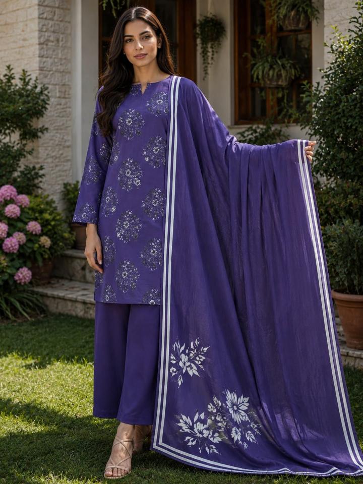 Lawn 2026 Violet Medallion Floral 3 Piece Suit