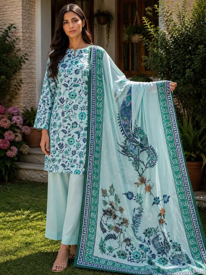 Lawn 2026 Mint Teal Floral Paisley 3 Piece Suit
