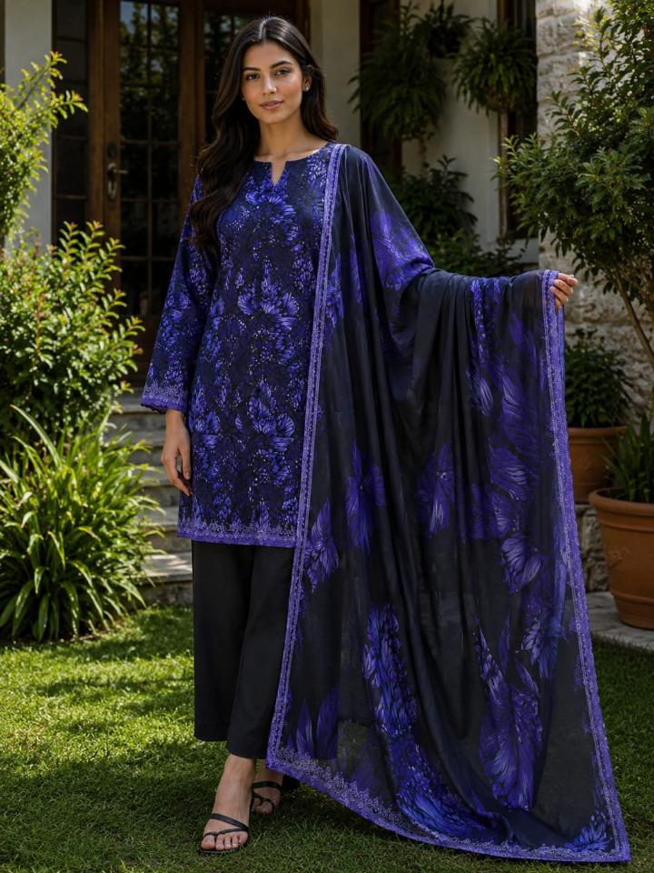 Lawn 2026 Navy Blue Embroidered Butterfly 3 Piece Suit