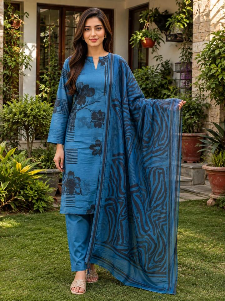 Lawn 2026 Blue Abstract 3 Piece Suit