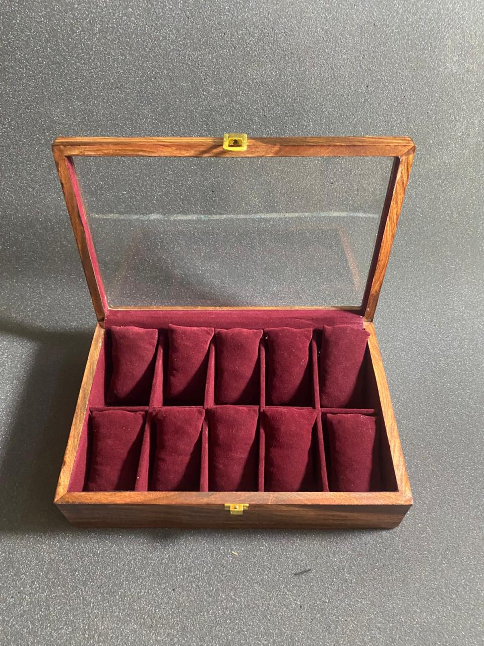 Ten-slot wooden watch box with two rows of burgundy velvet pillows