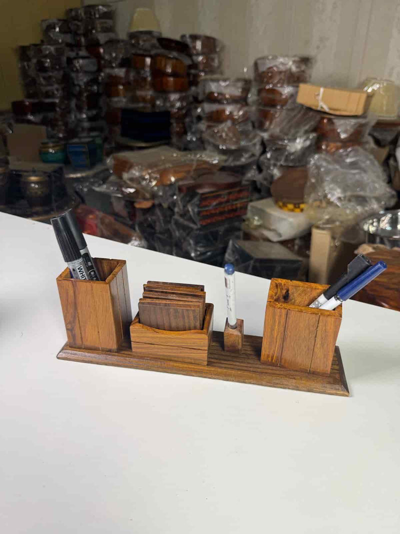 Wooden Desk Organizer Pen Stand – Handmade Office Table Organizer | Lyallpur Store