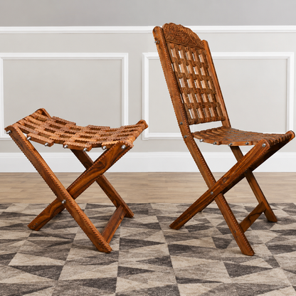 Pair of Wooden Chairs & Stool Set in Pakistan – Handcrafted Solid Wood Seating