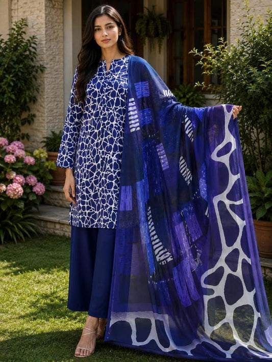 Lawn 2026 Blue White Abstract 3 Piece Suit