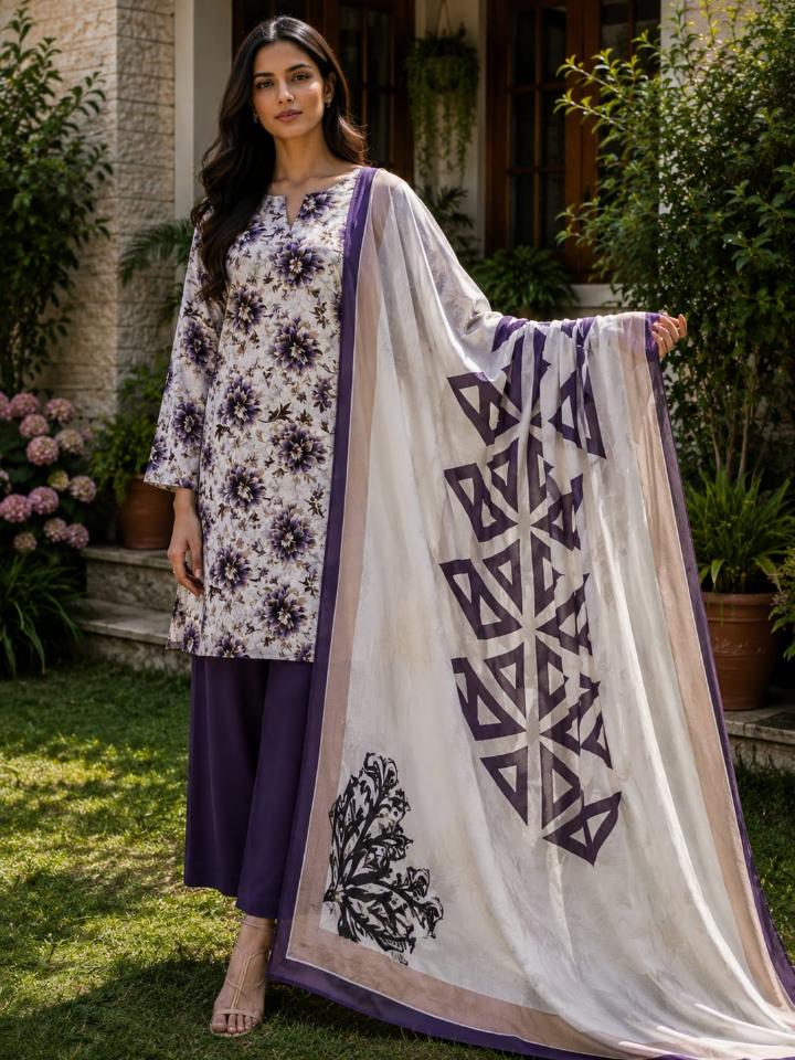 Lawn 2026 | Blue White Abstract 3 Piece Suit