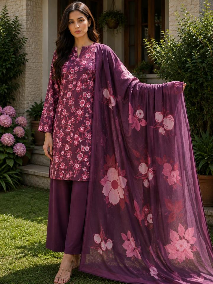 Lawn 2026 Plum Pink Floral 3 Piece Suit
