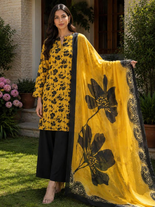 Lawn 2026 Yellow Black Floral 3 Piece Suit