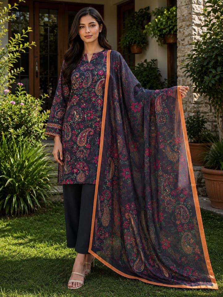Lawn 2026 Dark Navy Paisley Floral 3 Piece Suit
