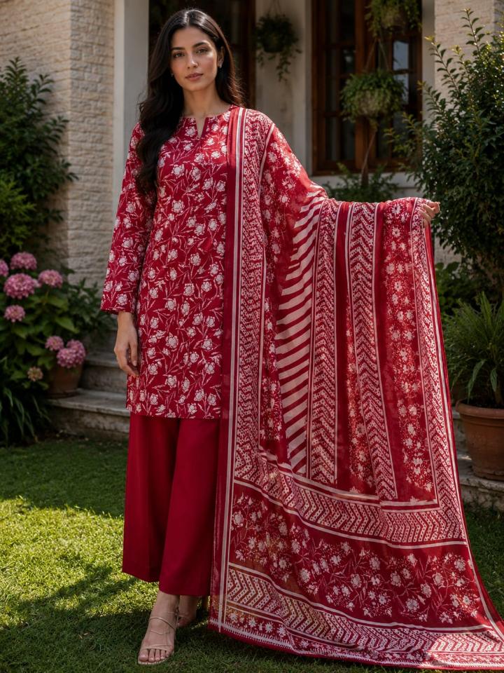 Lawn 2026 Deep Red Floral 3 Piece Suit