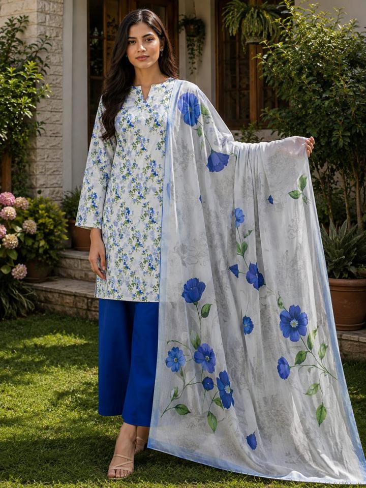 Lawn 2026 White Blue Floral 3 Piece Suit