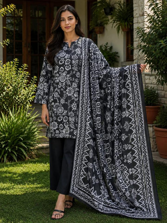 Lawn 2026 Black White Ikat Floral 3 Piece Suit
