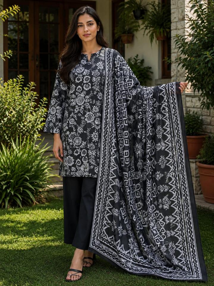 Lawn 2026 Black White Floral 3 Piece Suit