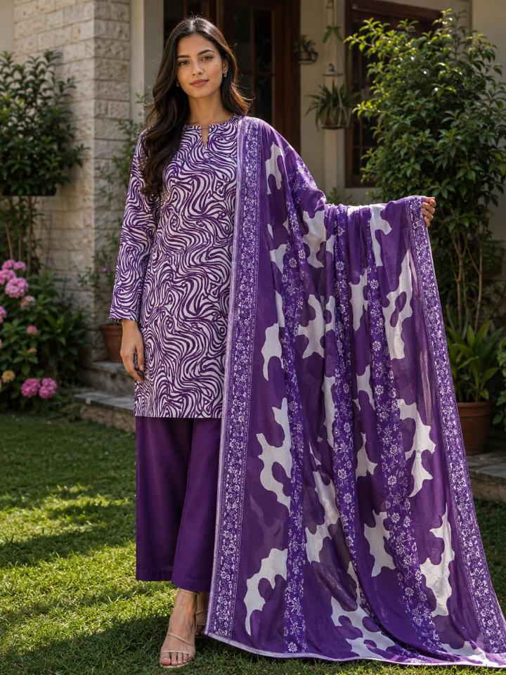 Lawn 2026 Purple Abstract Wave 3 Piece Suit