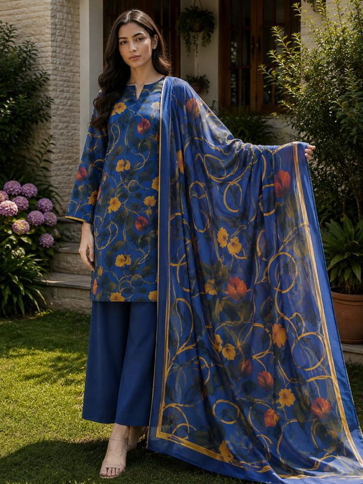 Lawn 2026 Royal Blue Floral 3 Piece Suit
