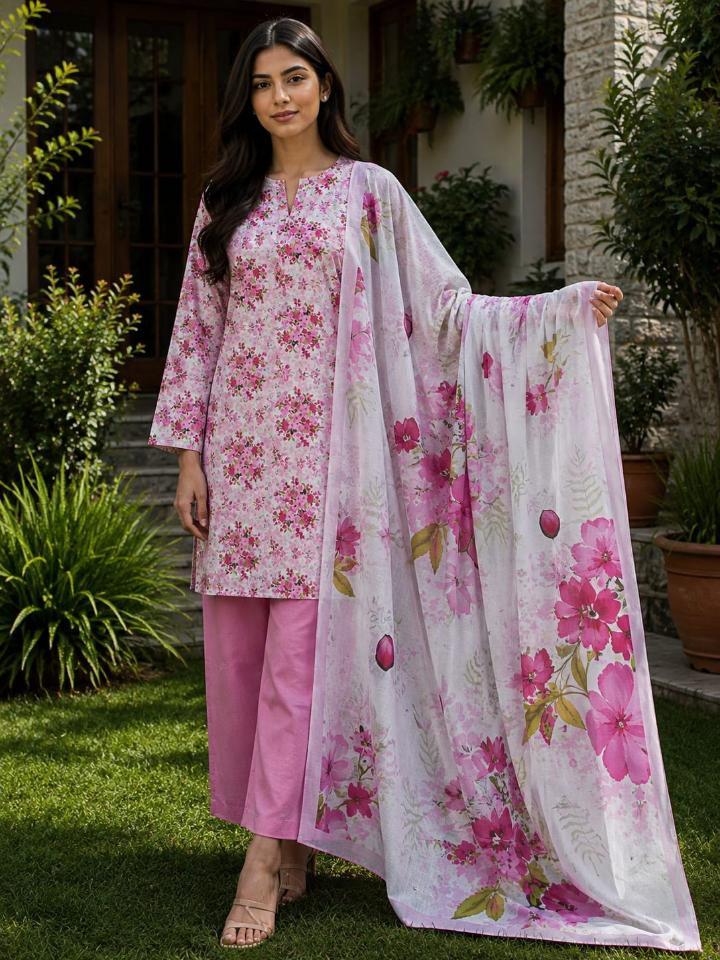 Lawn 2026 Pink Blossom Floral 3 Piece Suit