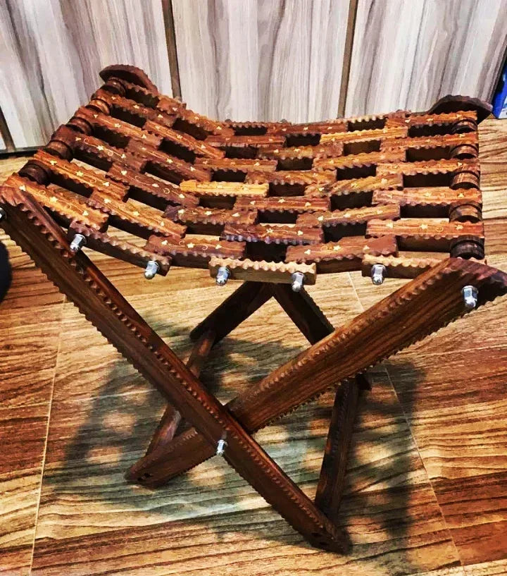 Pair of Wooden Chairs & Stool Set in Pakistan – Handcrafted Solid Wood Seating