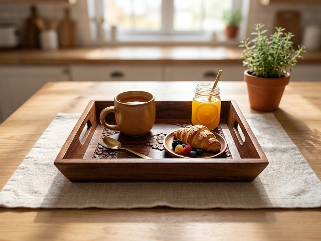 Hand-Carved Wooden Serving Tray Set (Set of 3)