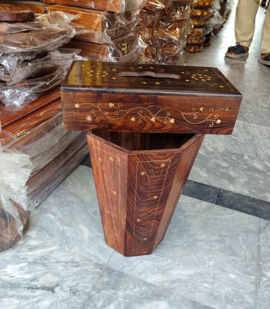 Decorative wooden dustbin with a matching tissue box holder