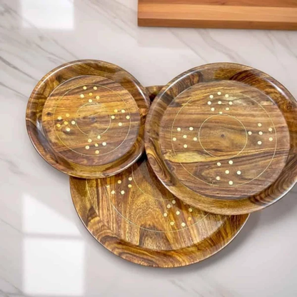 Elegant Brass Plate Set with Wooden Base – top view