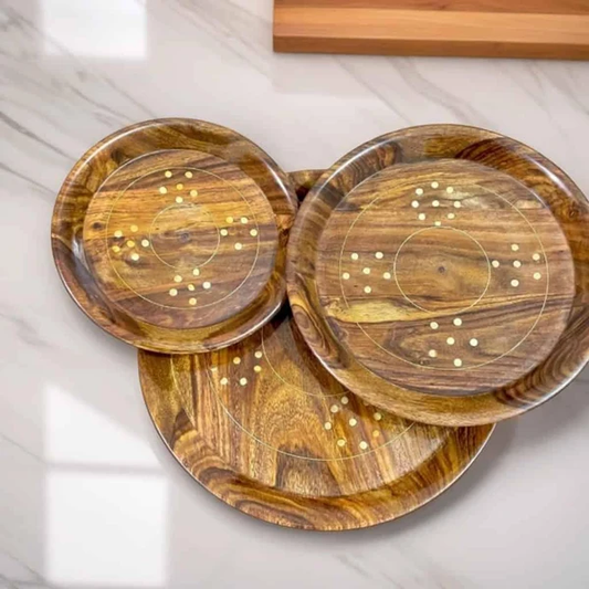 Elegant Brass Plate Set with Wooden Base – top view