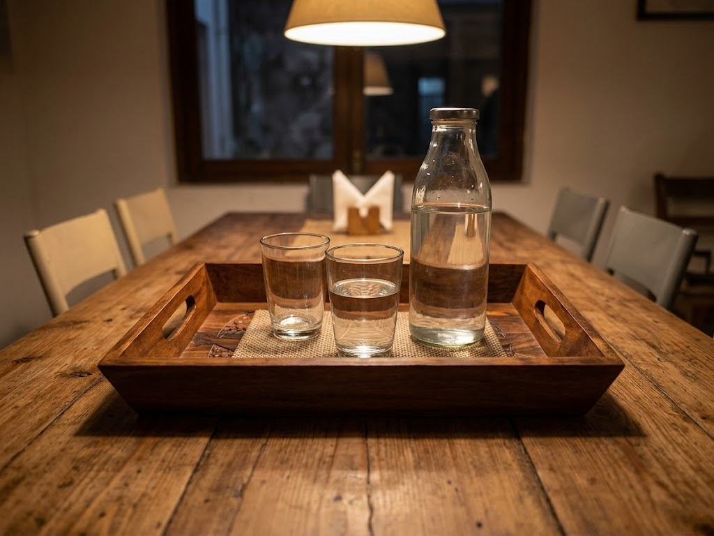Wooden serving tray with water glasses and bottle on dining table