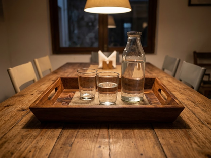 Wooden serving tray with water glasses and bottle on dining table