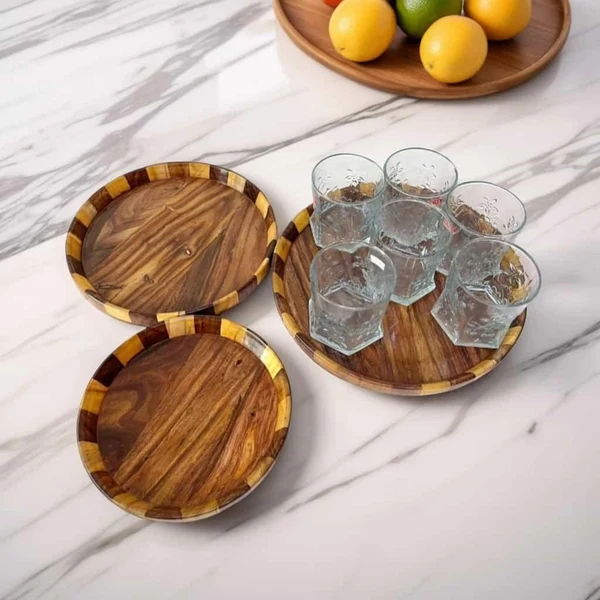 Wooden Round Serving Tray Set of 3 with natural wood grain and decorative border