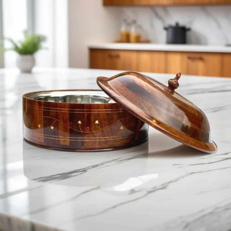 Wooden hot pot with stainless steel inner bowl and matching lid