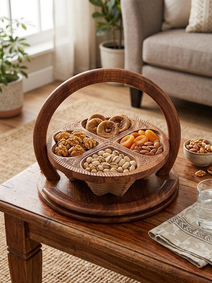Hand-carved wooden dry fruit tray with handle filled with nuts and dried fruits on a coffee table