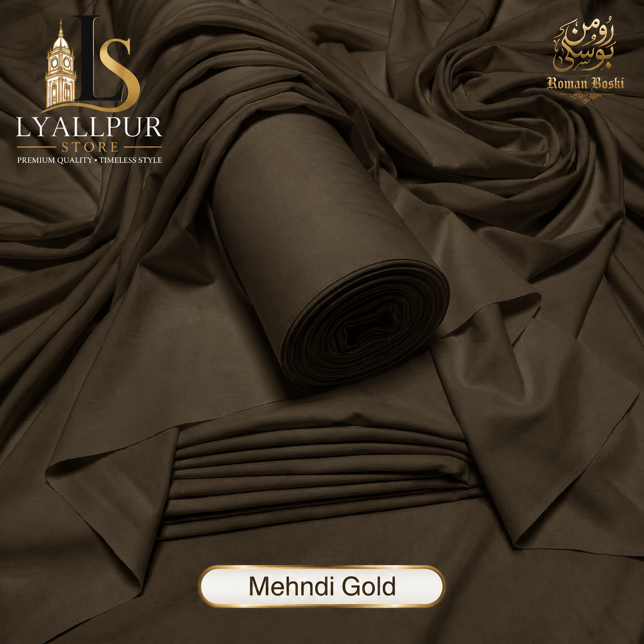 Roman Boski Mehndi Gold — Premium unstitched fabric roll close-up | Lyallpur Store