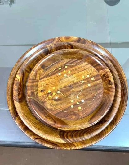 Elegant Brass Plate Set with Wooden Base – stacked view