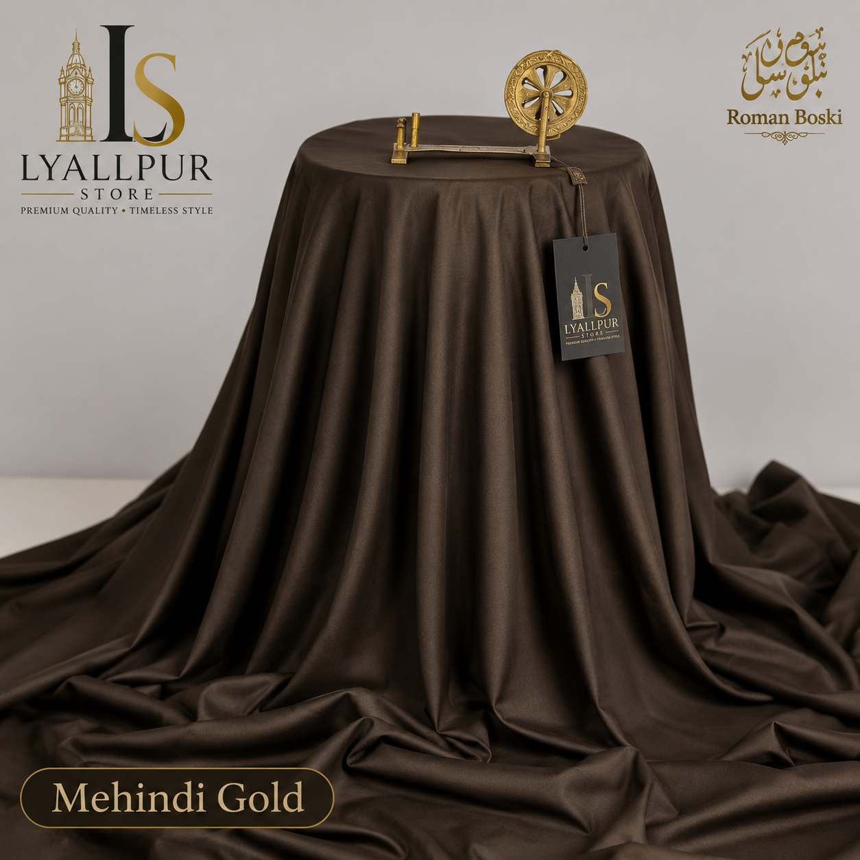 Roman Boski Mehndi Gold — Fabric draped display with Lyallpur Store branding