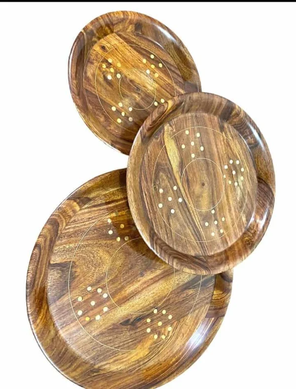 Elegant Brass Plate Set with Wooden Base – white background