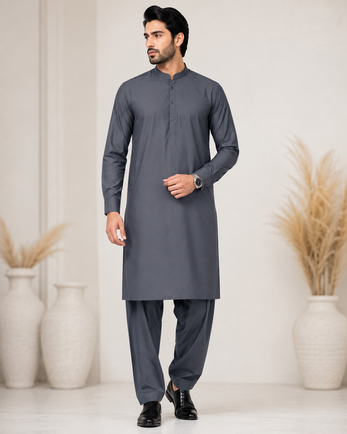 Roman Bosky Charcoal - Model wearing Kurta Shalwar