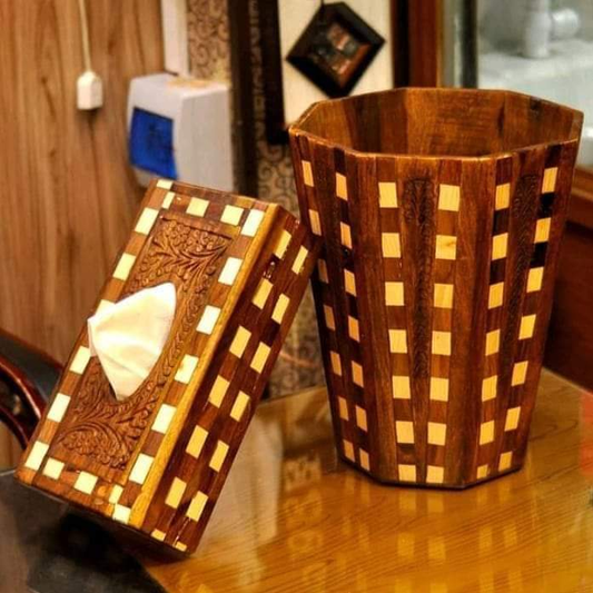 Patterned wooden waste bin and matching tissue box holder