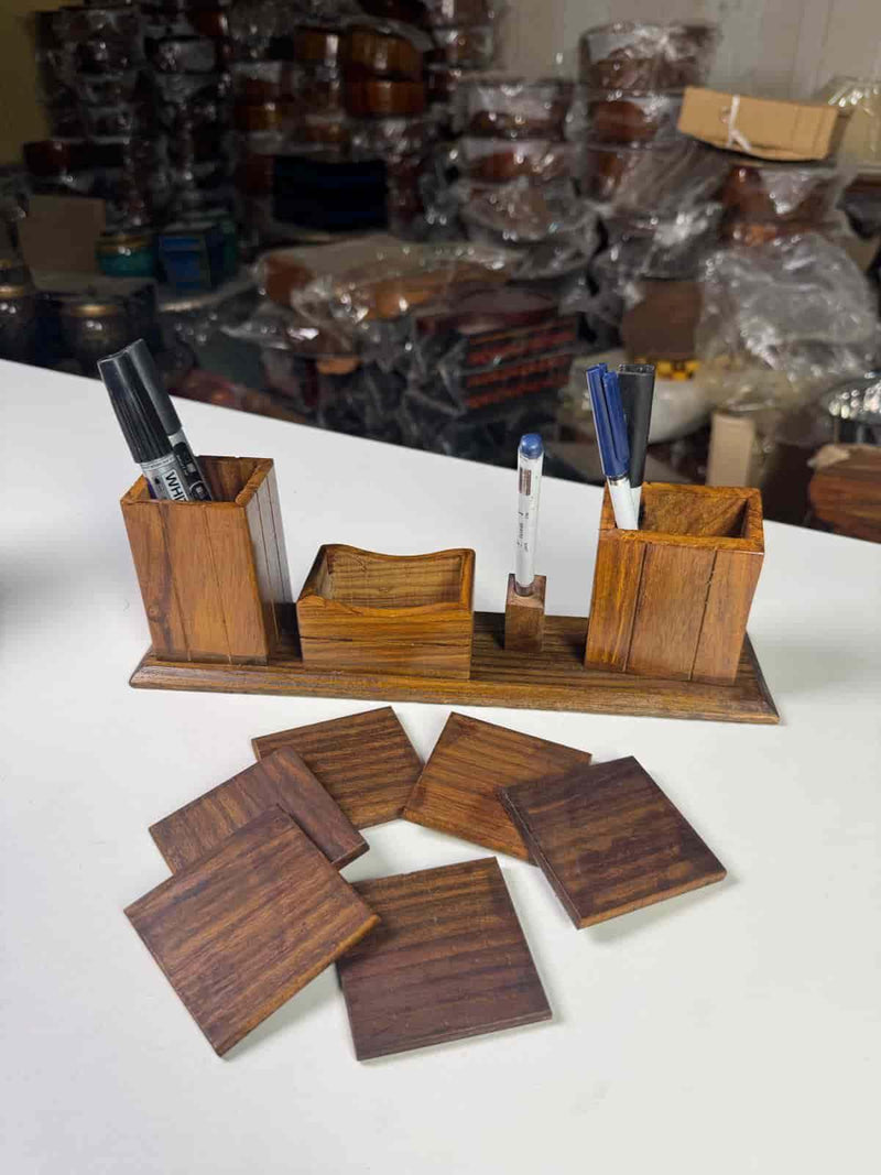 Wooden Desk Organizer Pen Stand – Handmade Office Table Organizer | Lyallpur Store