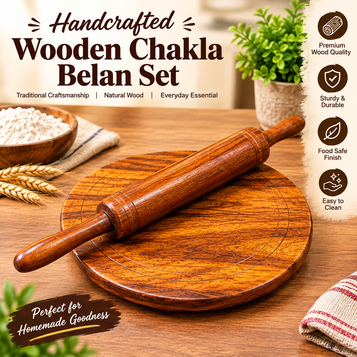 Handcrafted Wooden Chakla Belan Set – Traditional Rolling Pin & Board