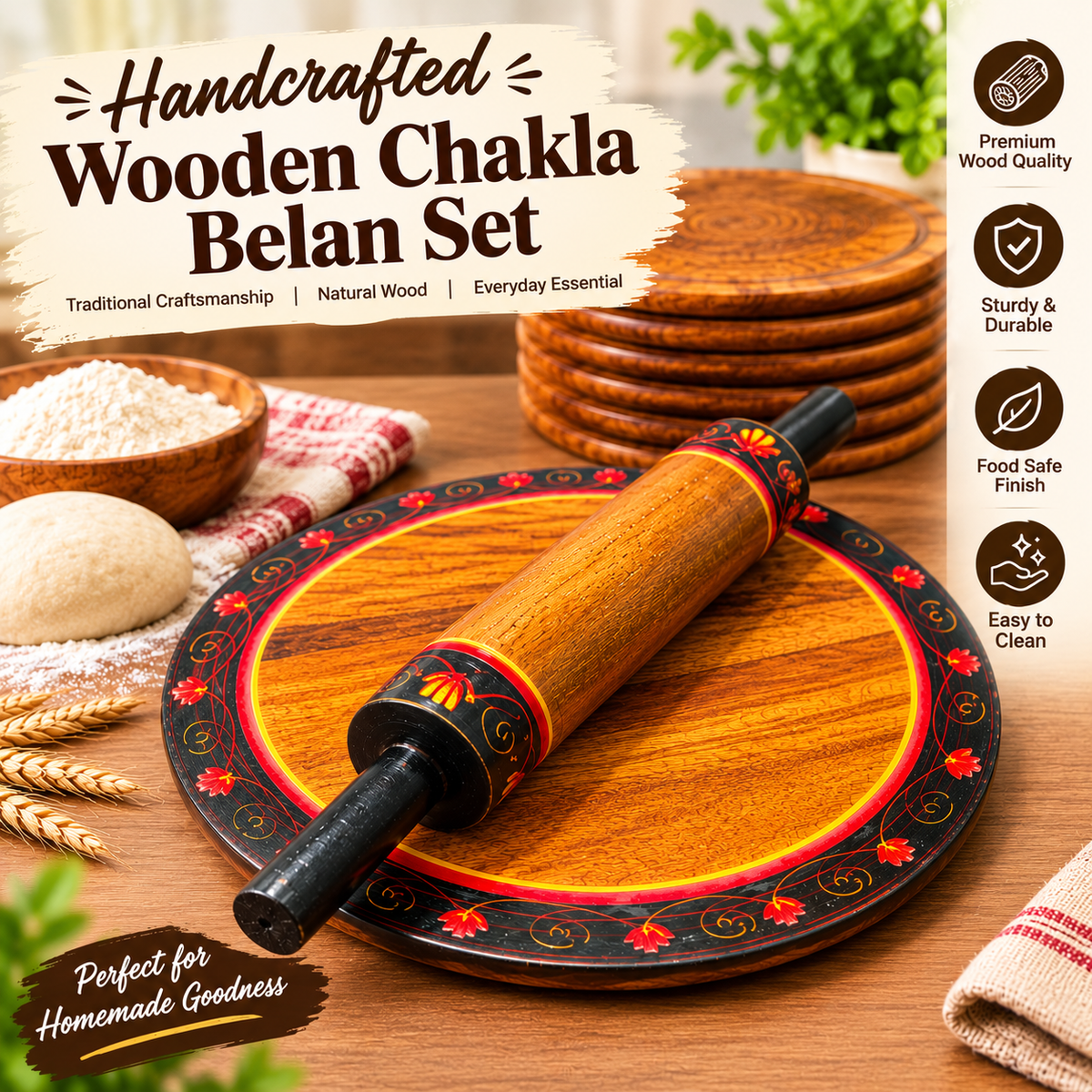 Handcrafted Wooden Chakla Belan Set – Traditional Rolling Pin & Board